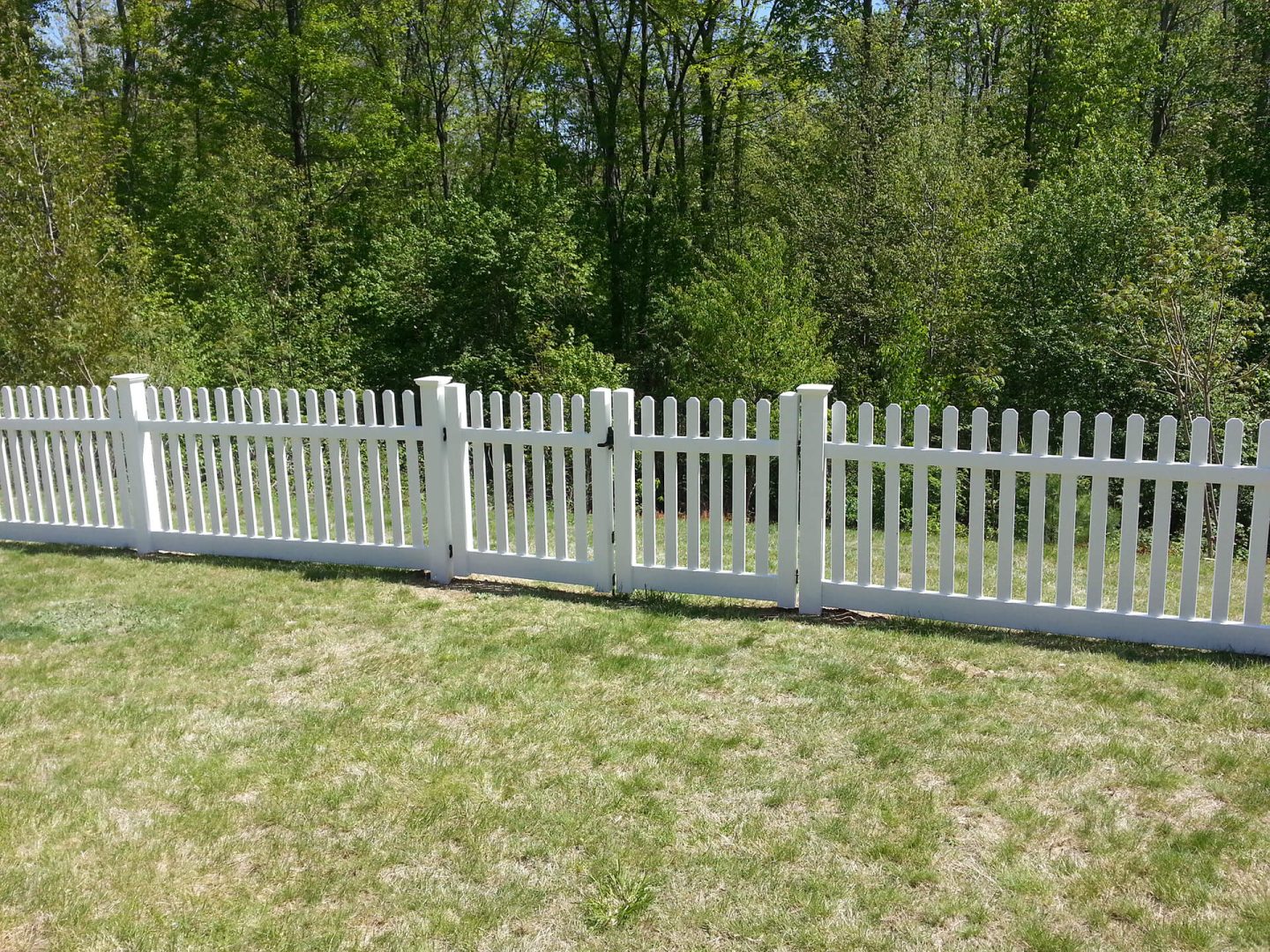 A white picket fence surrounds a yard filled with green trees, creating a picturesque outdoor scene.
